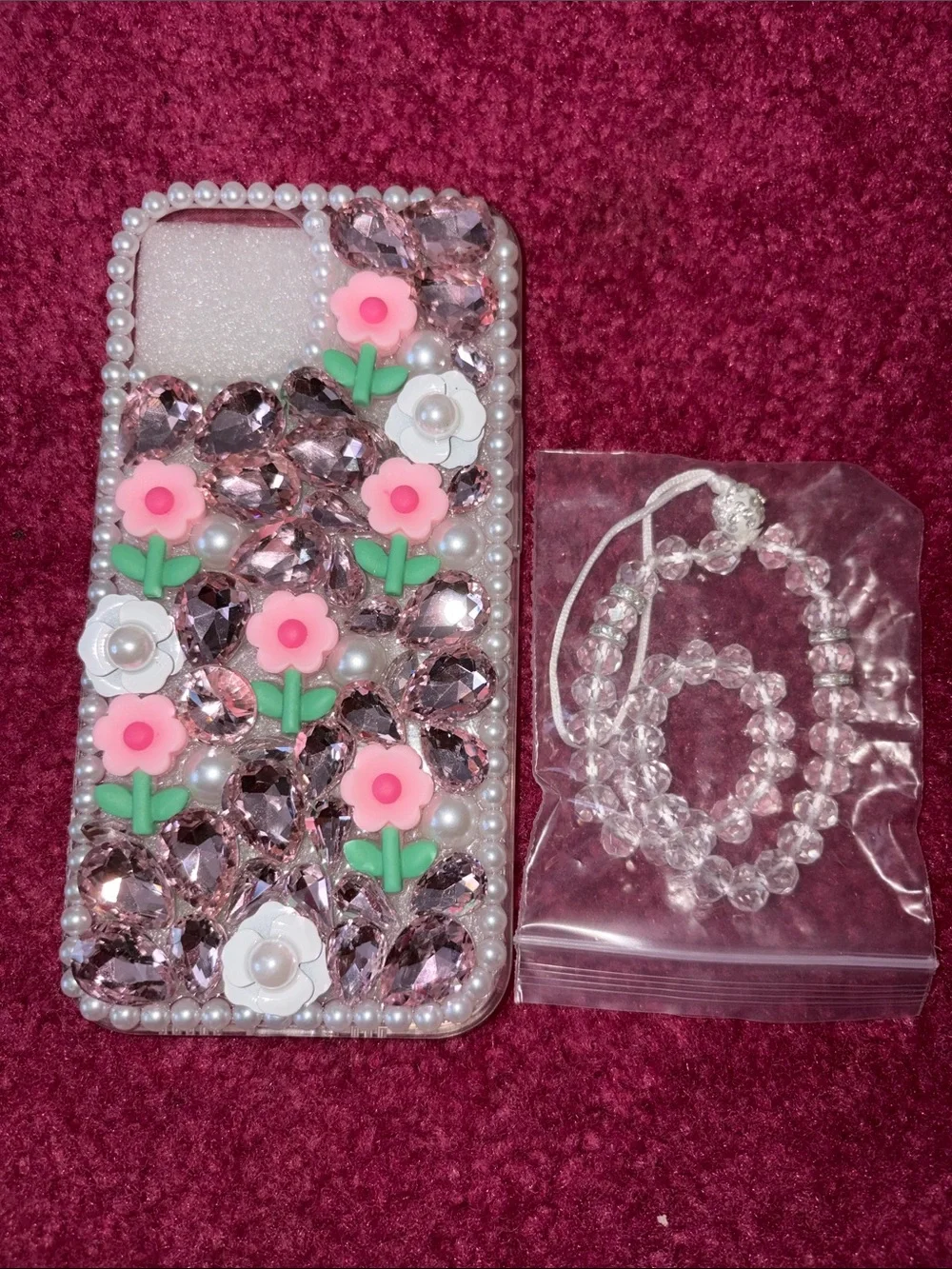 Decorative Pink Floral Pearl Phone Case with Clear Beaded Strap
